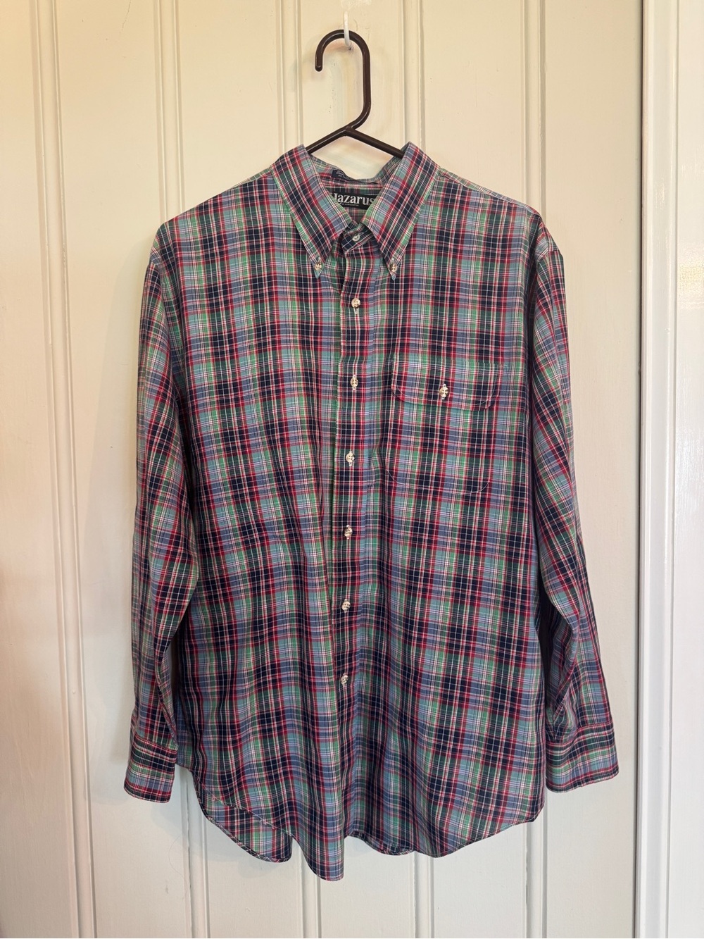 Men’s Vintage Button-Down Plaid Shirt - Blue & Pink Lazarus Large
